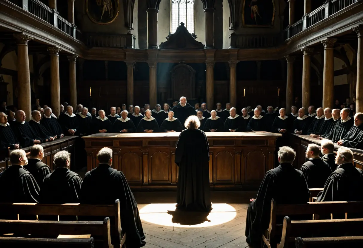 厳格な黒い法衣を纏った審問官たちが並ぶ裁判所。中央に立たされた痩せ細った女性が、周囲の群衆からの非難の視線にさらされている。