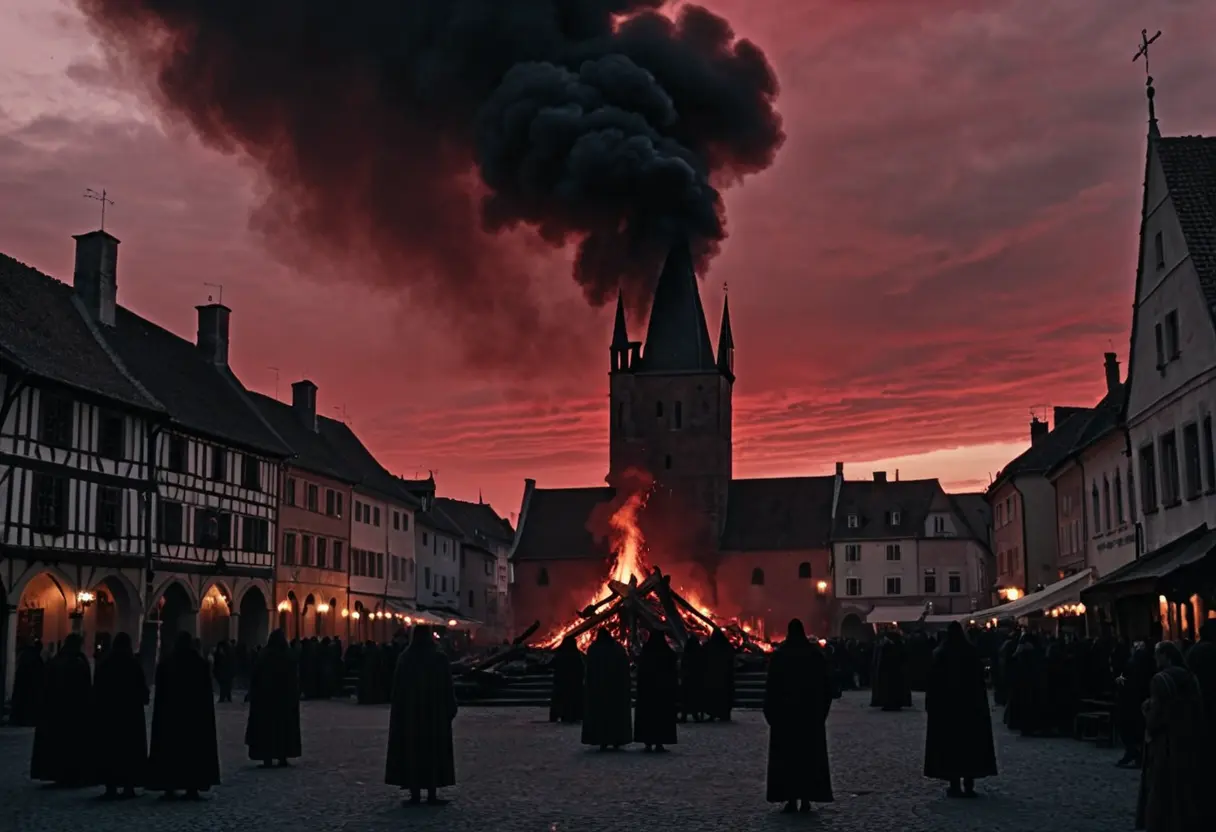 夕暮れ時、広場の中心に積み上げられた薪と、それを取り囲む街の人々のシルエット。重苦しい雰囲気。