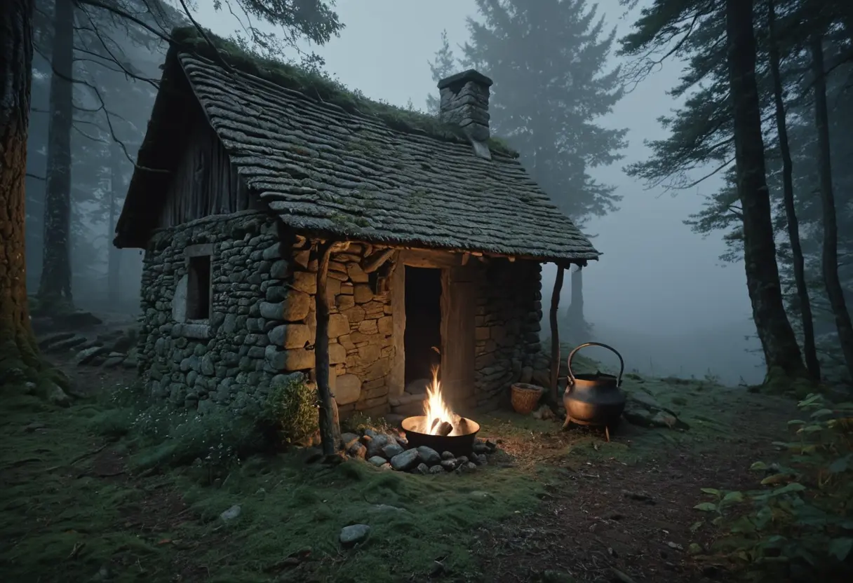 深い森の入り口、岩陰に隠された薬草が吊るされた小さな石造りの小屋。月明かりが不気味に、しかし美しく照らしている。