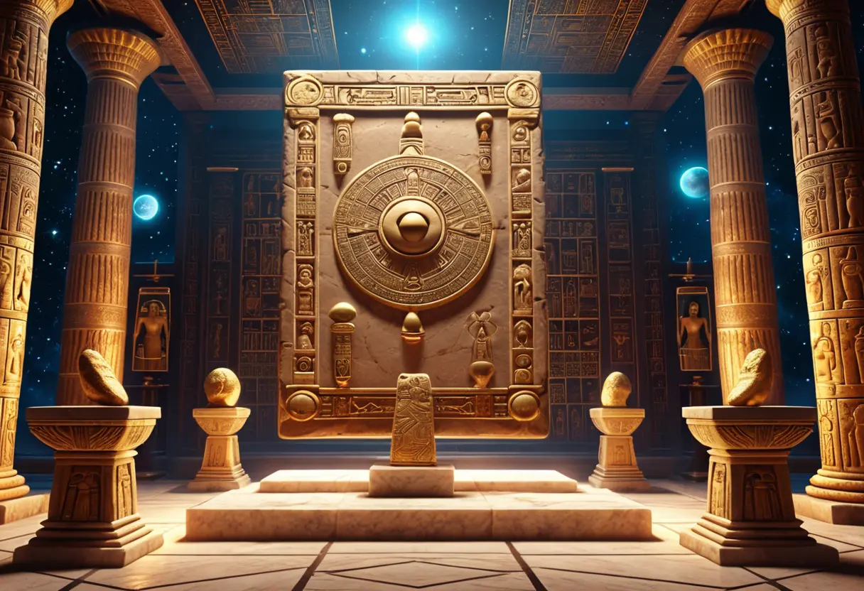 巨大な石の図書館。中央には地球儀があり、周囲には世界各地の神話の象徴（雷、アンク、曼荼羅、太陽の石）が浮かび上がっている