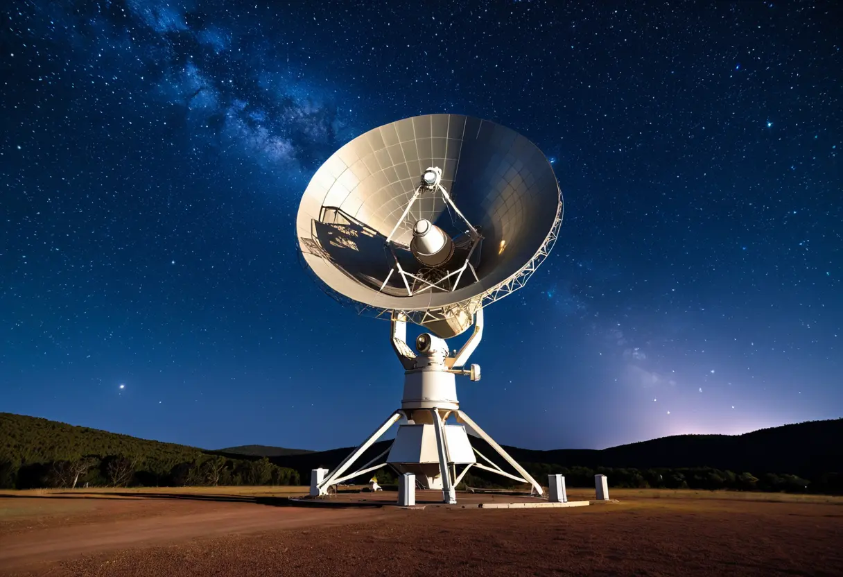 夜空の下に広がる巨大な電波望遠鏡ビッグイヤー。そのパラボラアンテナが射手座の銀河の中心へ向けられている。