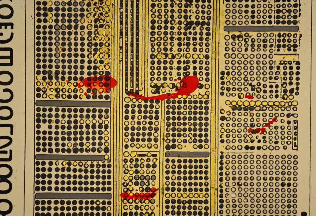 古いコンピュータ用紙。並んでいる数字の中に「6EQUJ5」の文字が赤ペンで囲まれ、横に「Wow!」という手書きの文字がある。