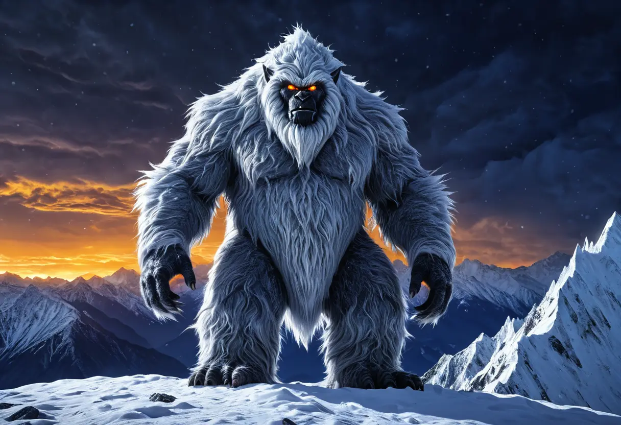 猛吹雪のヒマラヤの稜線に立つ、巨大な白い毛の獣人。