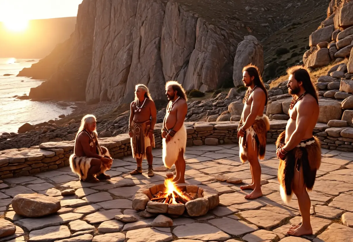 氷河期の時代の与那国。まだ海抜が低く、巨大な石のテラスで古代の人々が儀式を行っている想像図。