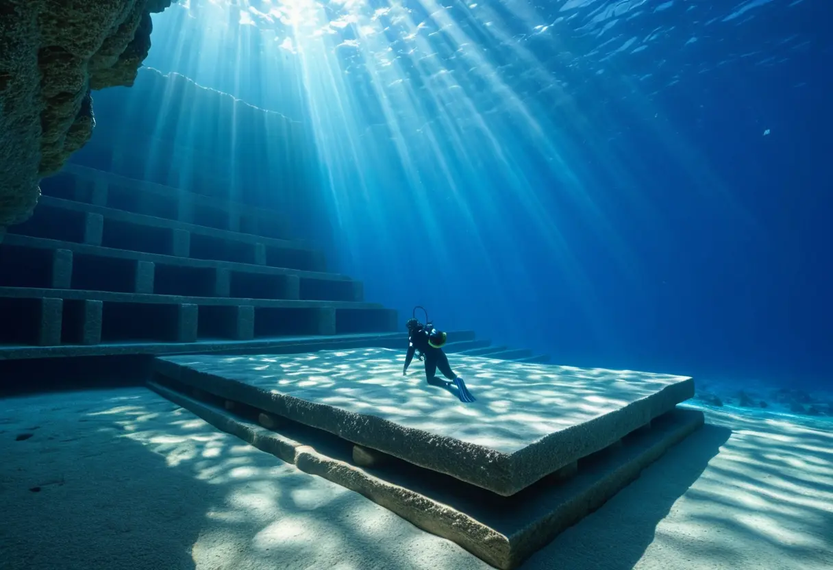 海底に沈む巨大な階段状の石構造物。ダイバーがその巨大な壁に沿って泳いでおり、光が水面に揺らめいている。