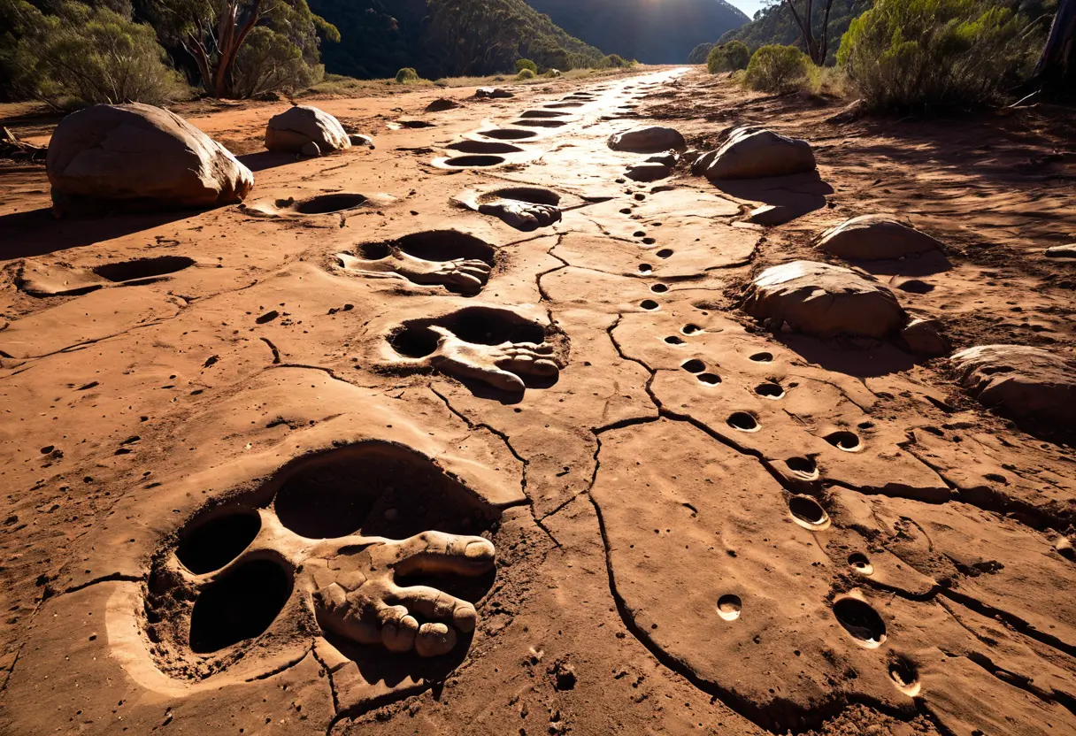 乾いた川床に残された、巨大な人間のような足跡。