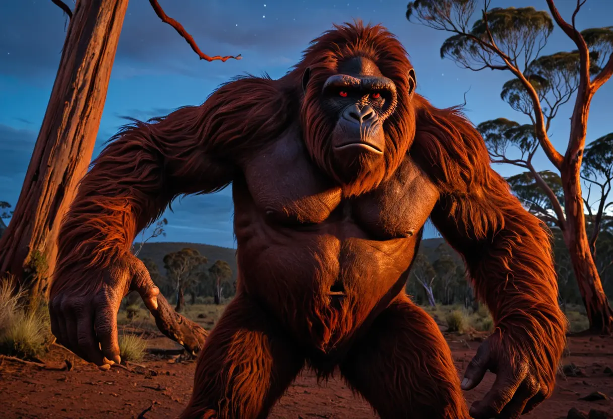 オーストラリアの赤い荒野、ユーカリの木の陰から睨みつける毛むくじゃらの巨人。