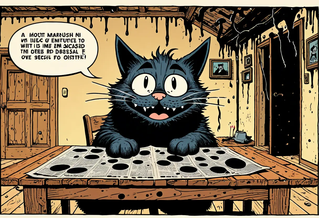 4コマ漫画の一コマ。可愛らしい猫のキャラクターが椅子に座っているが、背景の壁からは黒い触手が伸びており、キャラクターの目と口からは黒い液体が流れている。