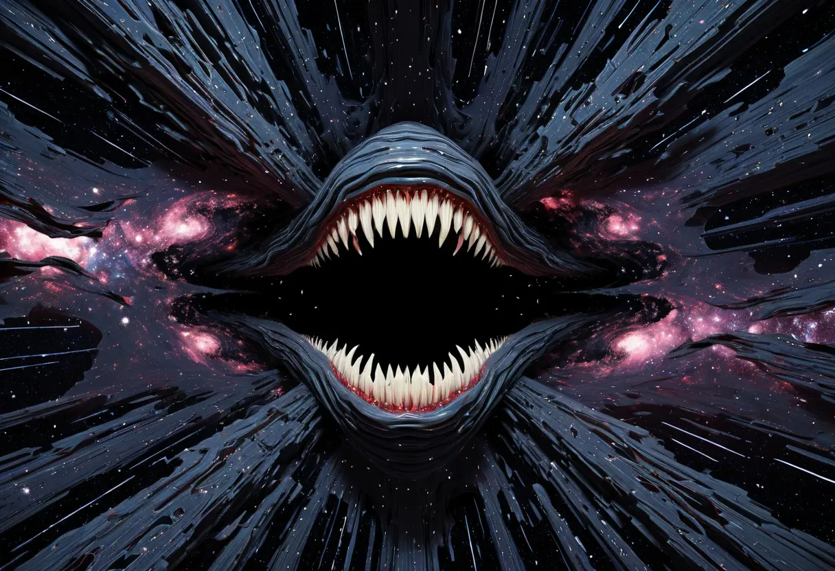 宇宙の星々が吸い込まれていく巨大な虚無。その周辺には幾何学的なグリッチノイズが走っている。