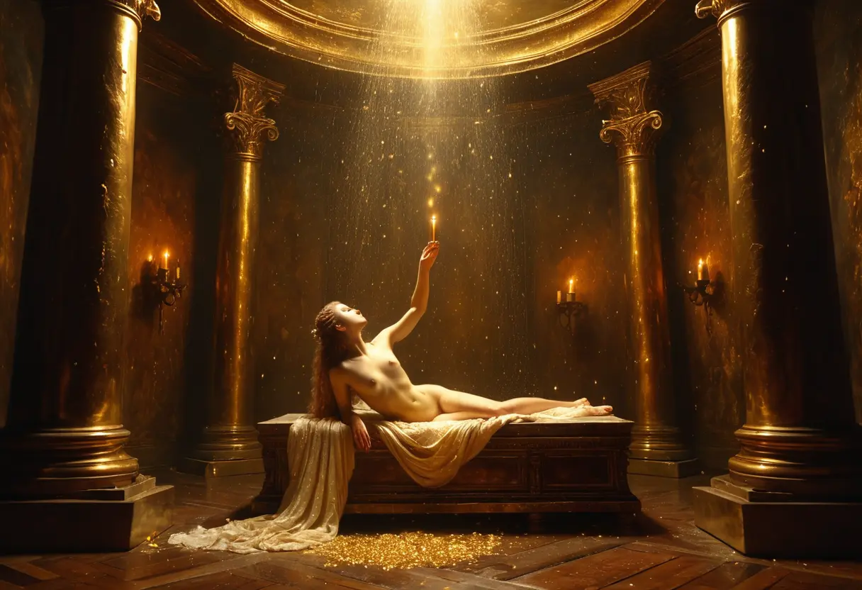 暗い塔の小部屋。屋上の隙間から降り注ぐ黄金の光の粒が、若い女性の髪を優しく照らしている