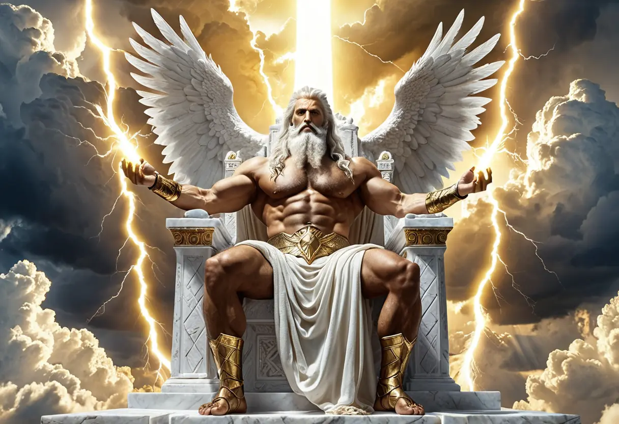 白亜の大理石の宮殿、雲を突き抜ける王座に座る、白い髭の威厳ある男。手にはバチバチと放電する雷霆の矢を握っている