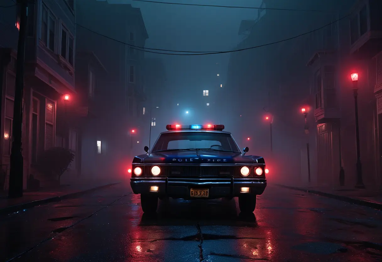 1969年のサンフランシスコ、パトカーの赤色灯がうっすらと照らす深夜の霧の道路