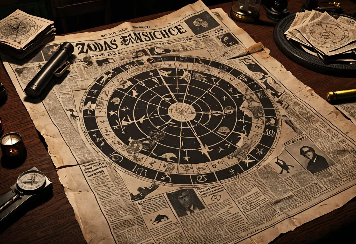 古い新聞の切り抜きと、複雑な記号が並んだ暗号文が散乱した机の上に、ゾディアックの象徴である円に十字のマークが浮かび上がっている。