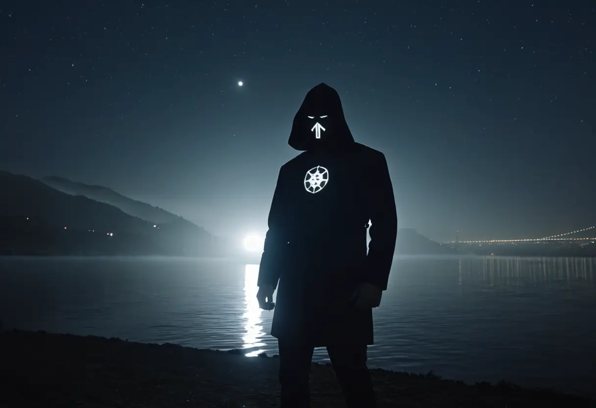 霧の深いサンフランシスコの夜、黒い布で頭を覆い、胸に不気味なマークをつけた男が、車のライトに照らされて湖畔に立っている不気味な場面。